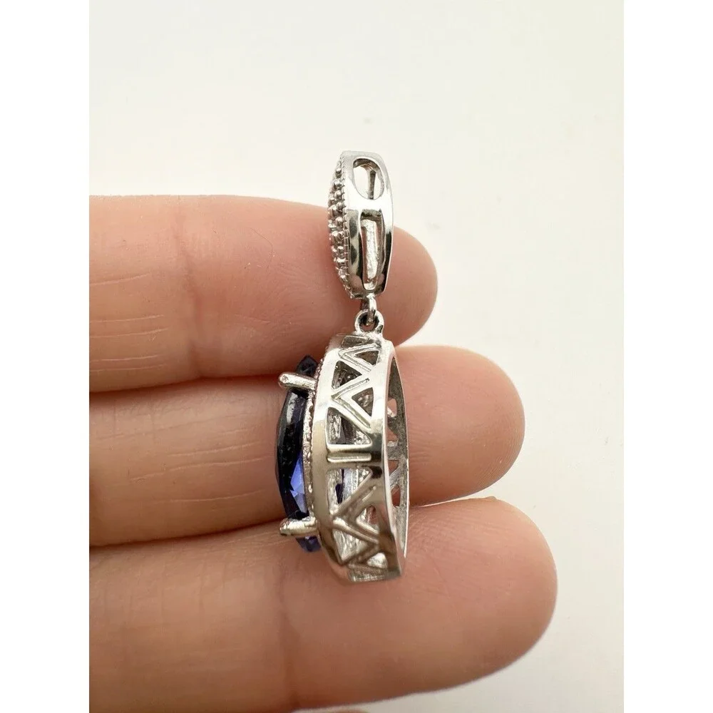 925 Sterling Silver Marquise blue Spinel Pendant with Diamond